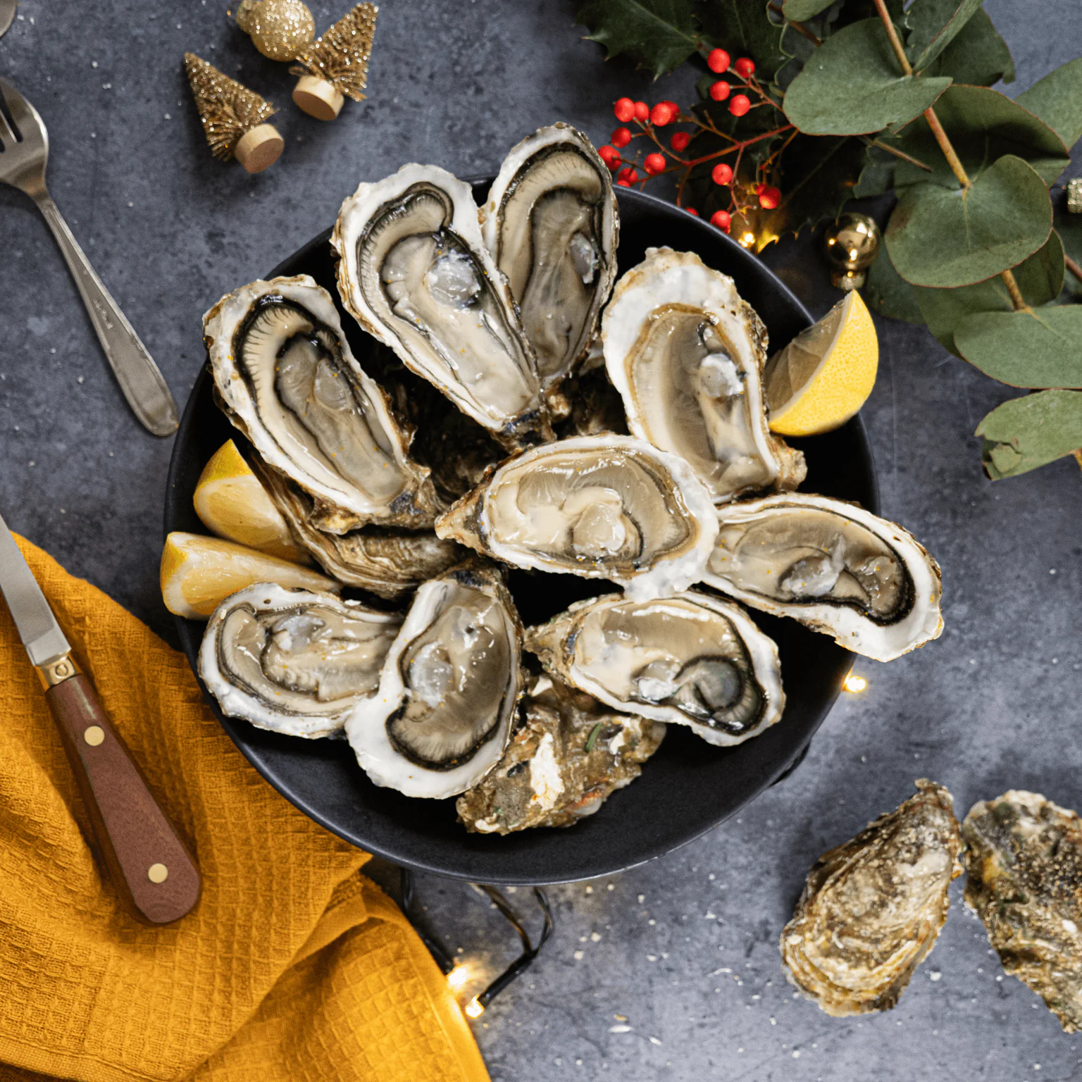 Assiettes d'huîtres naturelles nées en mer
