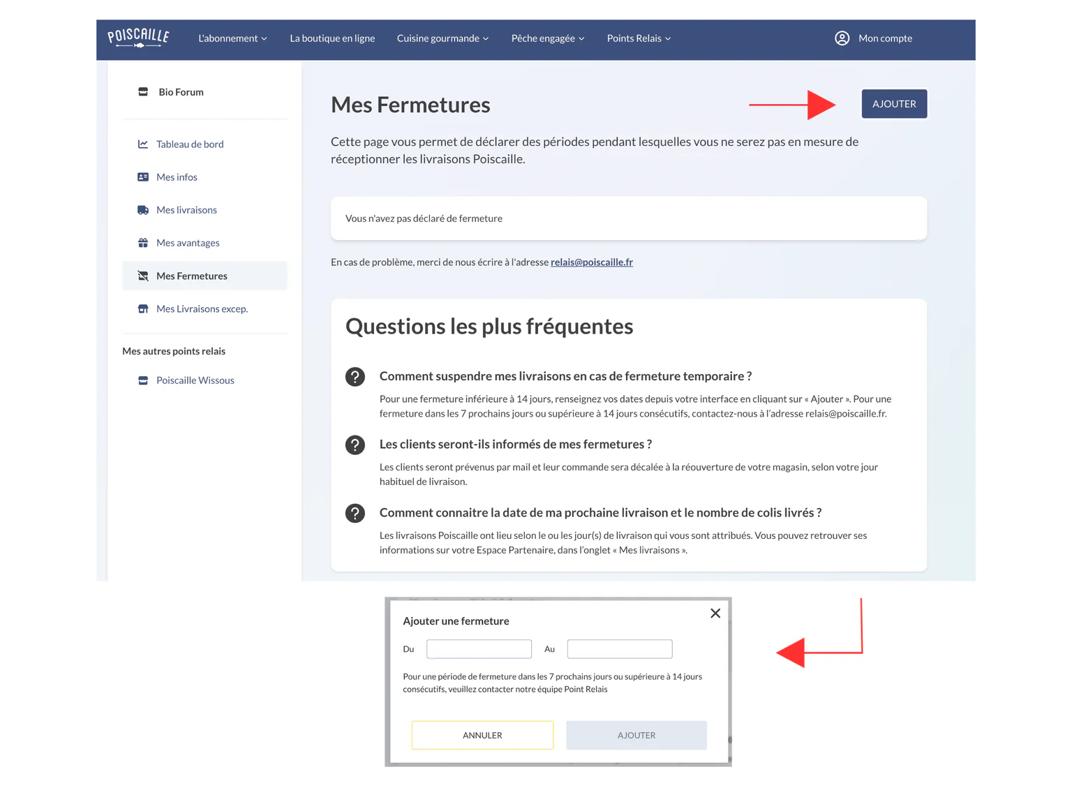 Présentation de la page mes fermetures de l'espace PR