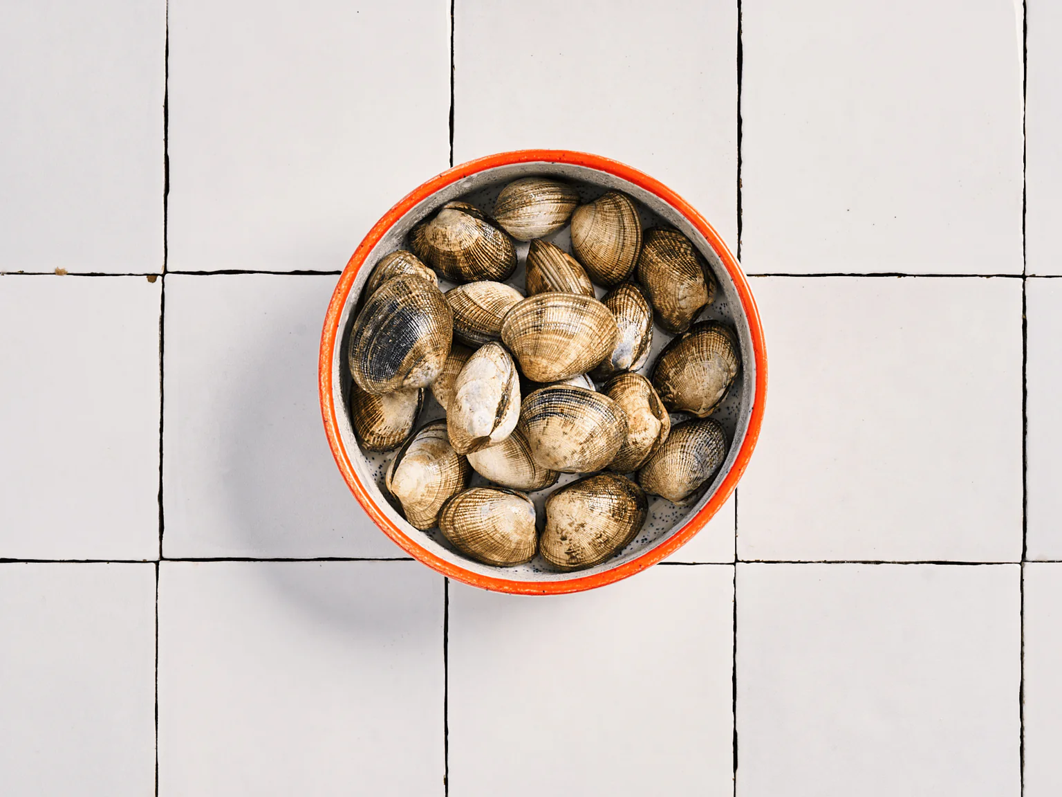 Palourdes Poiscaille dans un bol sur carreaux blancs