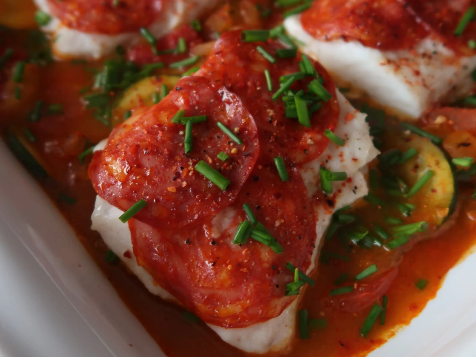 Recette de merlu au chorizo et légumes du soleil. A tester avec votre Casier Poiscaille.