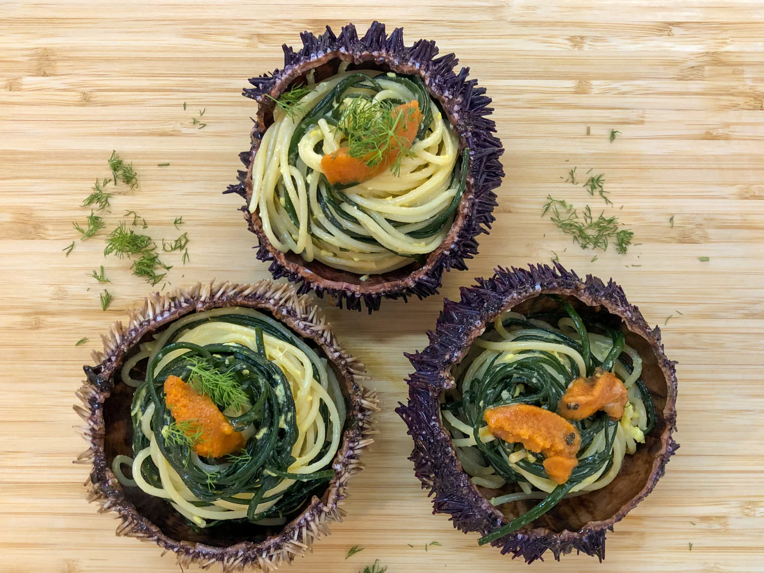 Les pâtes à la carbonara revisitées façon Poiscaille, avec des spaghettis de mer.