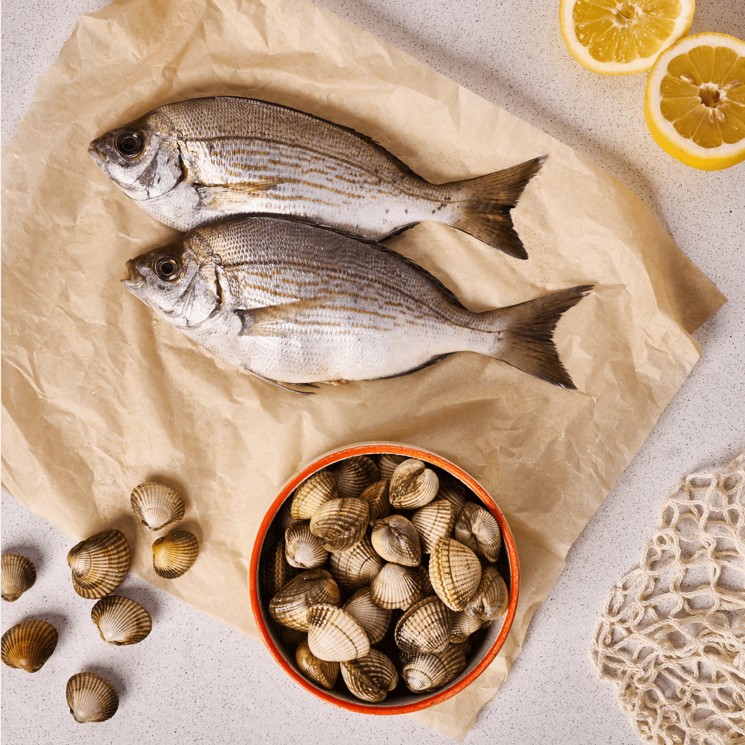 Casier dorades grises  pêchées à la canne par William à Brest  et coques  pêchées à pied par Philippe à Batz-sur-Mer